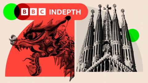 A composite image of a Chinese dragon's head and the Sagrada Familia