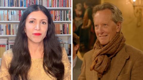  Composite of a female correspondent next to a still of Richard E Grant from the series