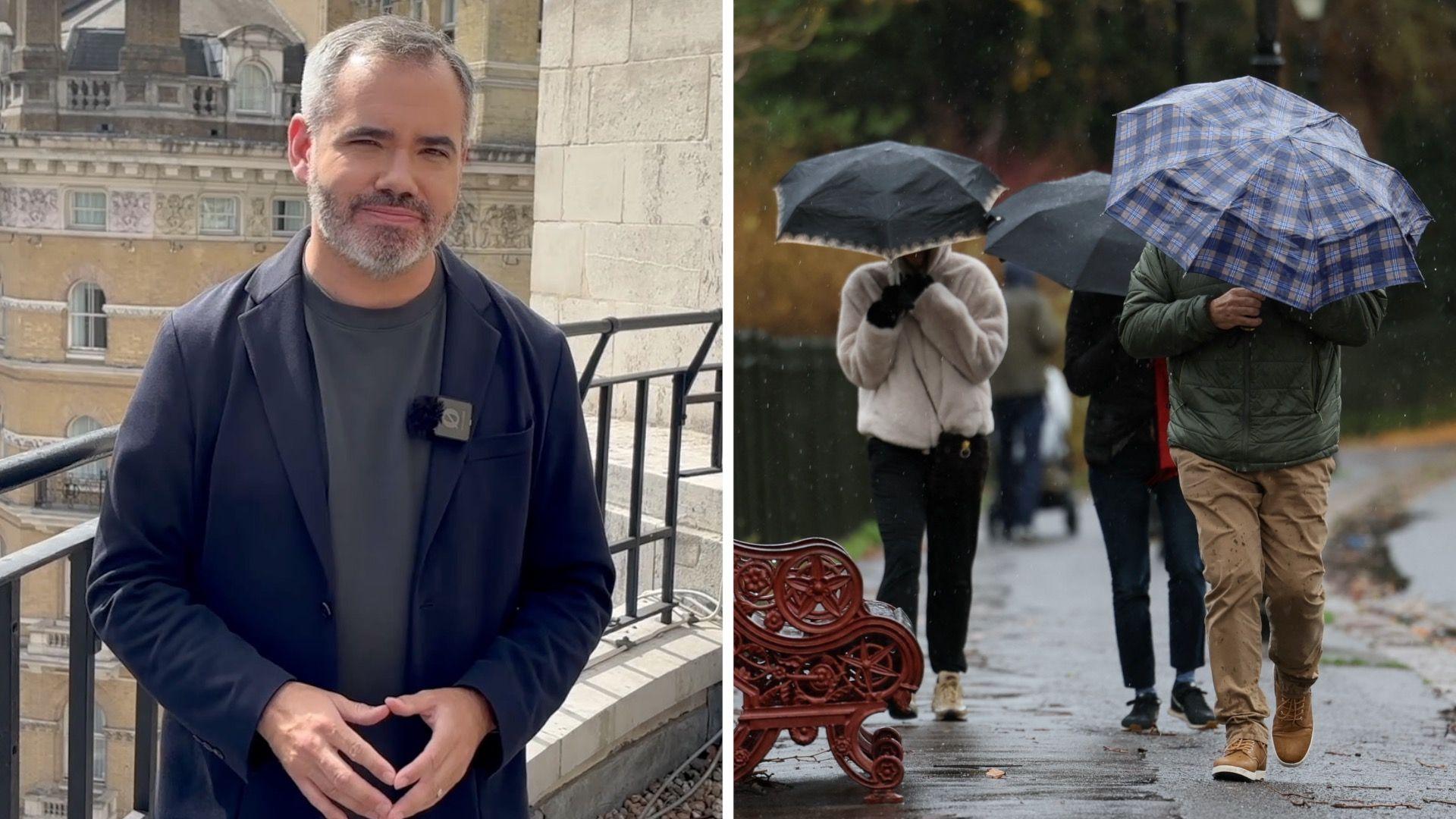 (Left) BBC Weather presenter Ben Rich, (right) three people covering their heads with umbrellas.