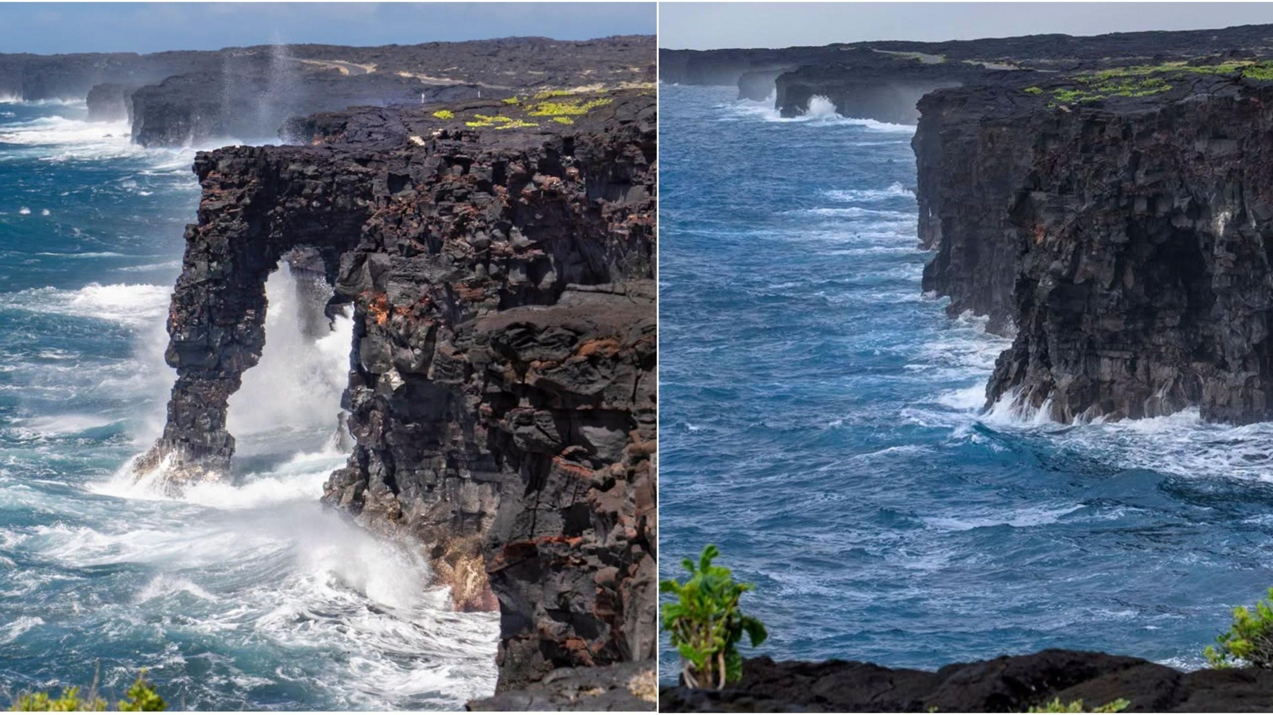 Side-by-side comparison of sea arch standing over the ocean, compared to a view of the rocky cliffs without the arch