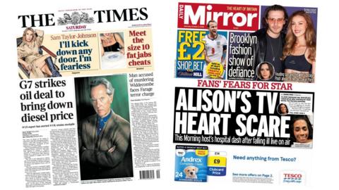 A composite of the front pages of the Times and the Daily Mirror on 3 October 2026.