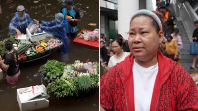 A split screen of a fruit and vegetables floating at a flooded market with a shop owner speaking.