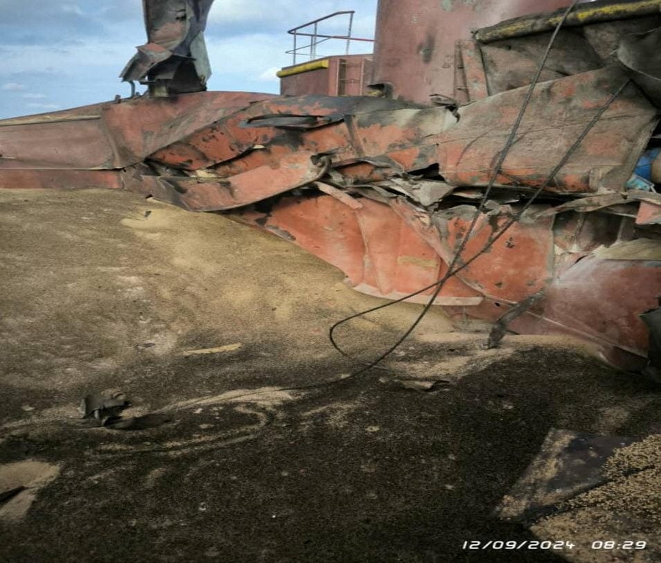 View shows a civilian cargo vessel damaged by a Russian missile strike in the Black Sea.