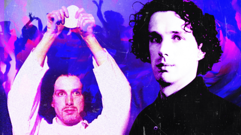 A composite image shows two pictures of Chris Brain over a backdrop of a blue and purple rave-like party scene. On the left, Chris Brain is pictured holding a piece of communion bread over his head during a service. On the right is a portrait of him looking at the camera. He has long, dark, curly hair.
