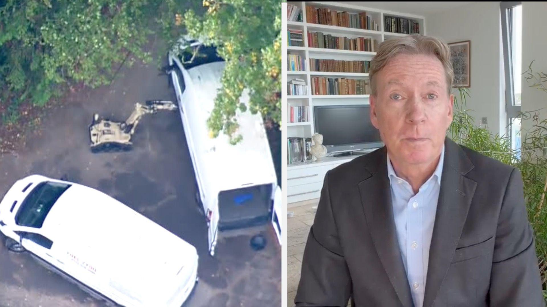 Split screen image. On the left, a bomb disposal robot next to two white van. On the right, BBC correspondent Frank Gardner