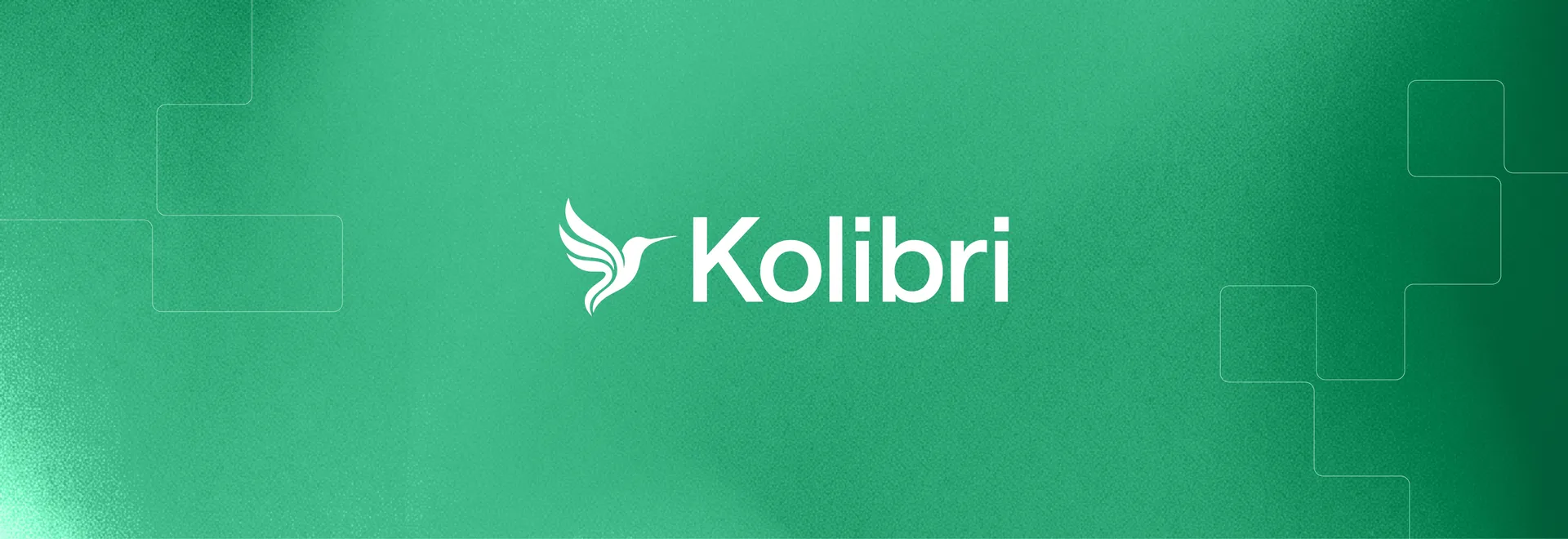 Green gradient with the white Kolibri hummingbird logo and wordmark in the centre, framed by thin stepped outlines on the left and right
