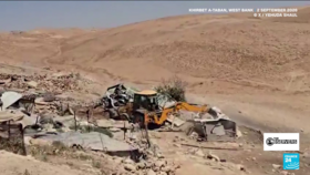 Screenshot of a video showing the Israeli army demolishing buildings in the village of Khirbet a-Taban on September 2, 2026