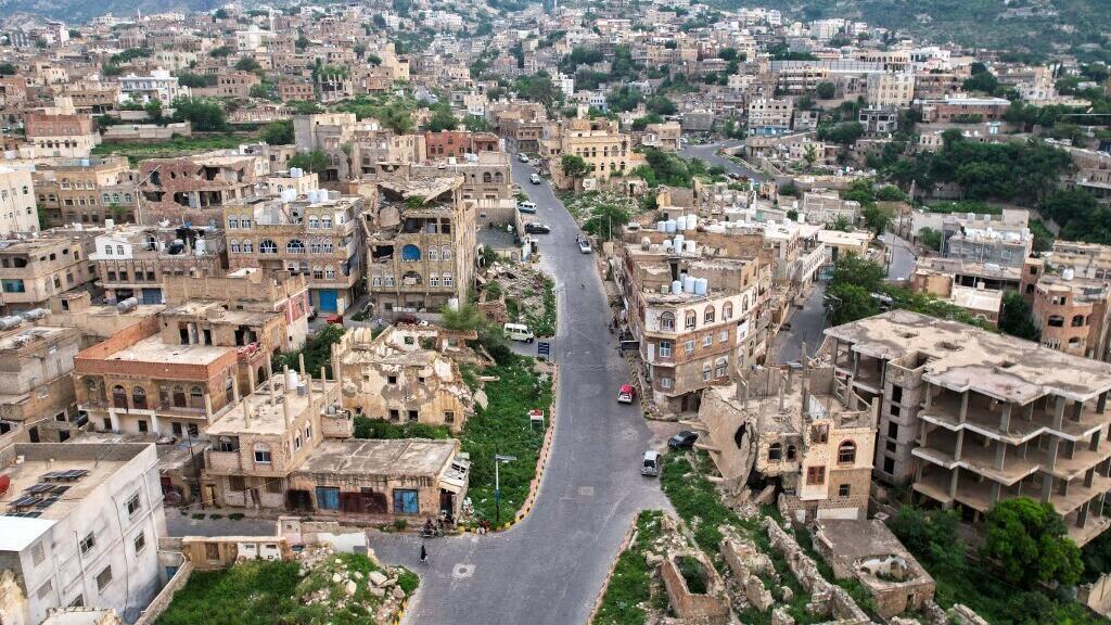 Damaged buildings in Yemen's southwestern city of Taiz, pictured on September 25, 2026.