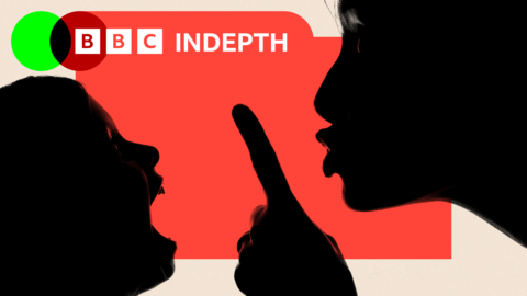 A silhouetted image of a parent shushing a child. The child is to the left of the image with their mouth open and the parent higher up to the right