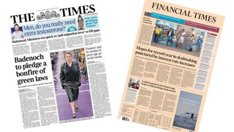 A composite image shows the front pages of the Times and Financial Times newspapers.