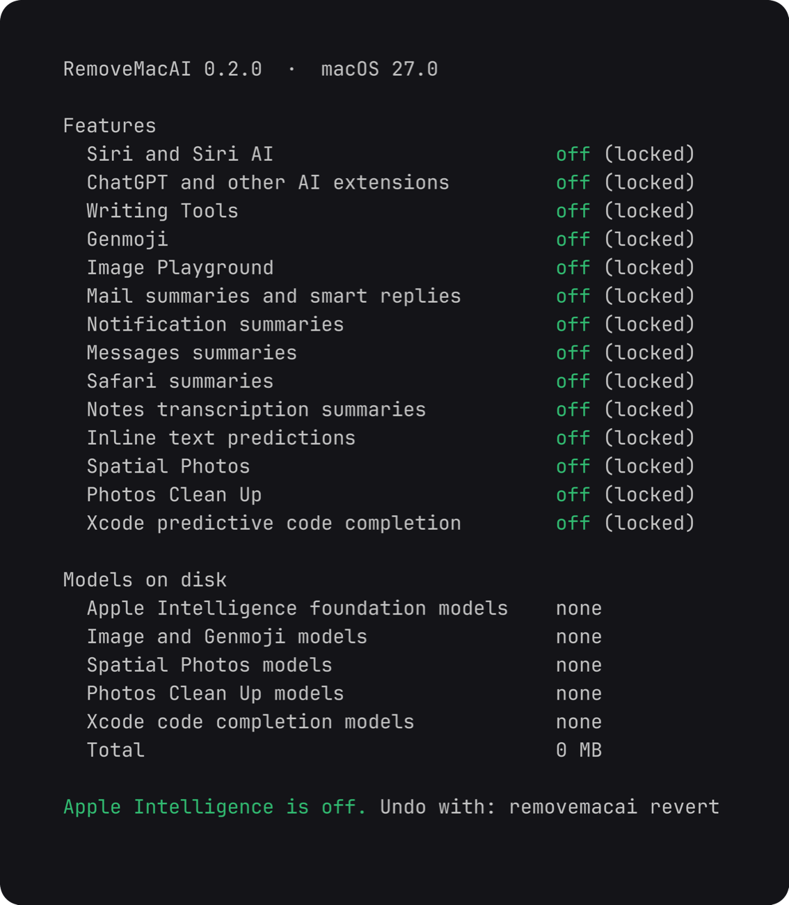 Output of removemacai status