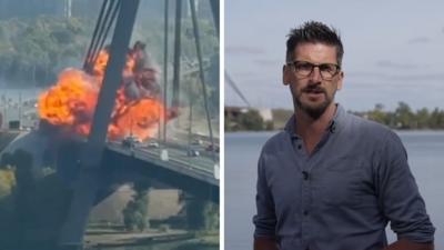 On the left, a large explosion on a bridge in Kyiv. On the right, Dan Johnson standing in front of a river.