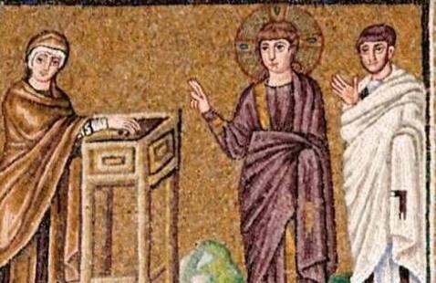 A late-Roman Christian mosaic showing a matron with her head covered with her hand over a box on a stand. A figure robed in purple with a halo blesses her. A male figure cloaked in white observes.