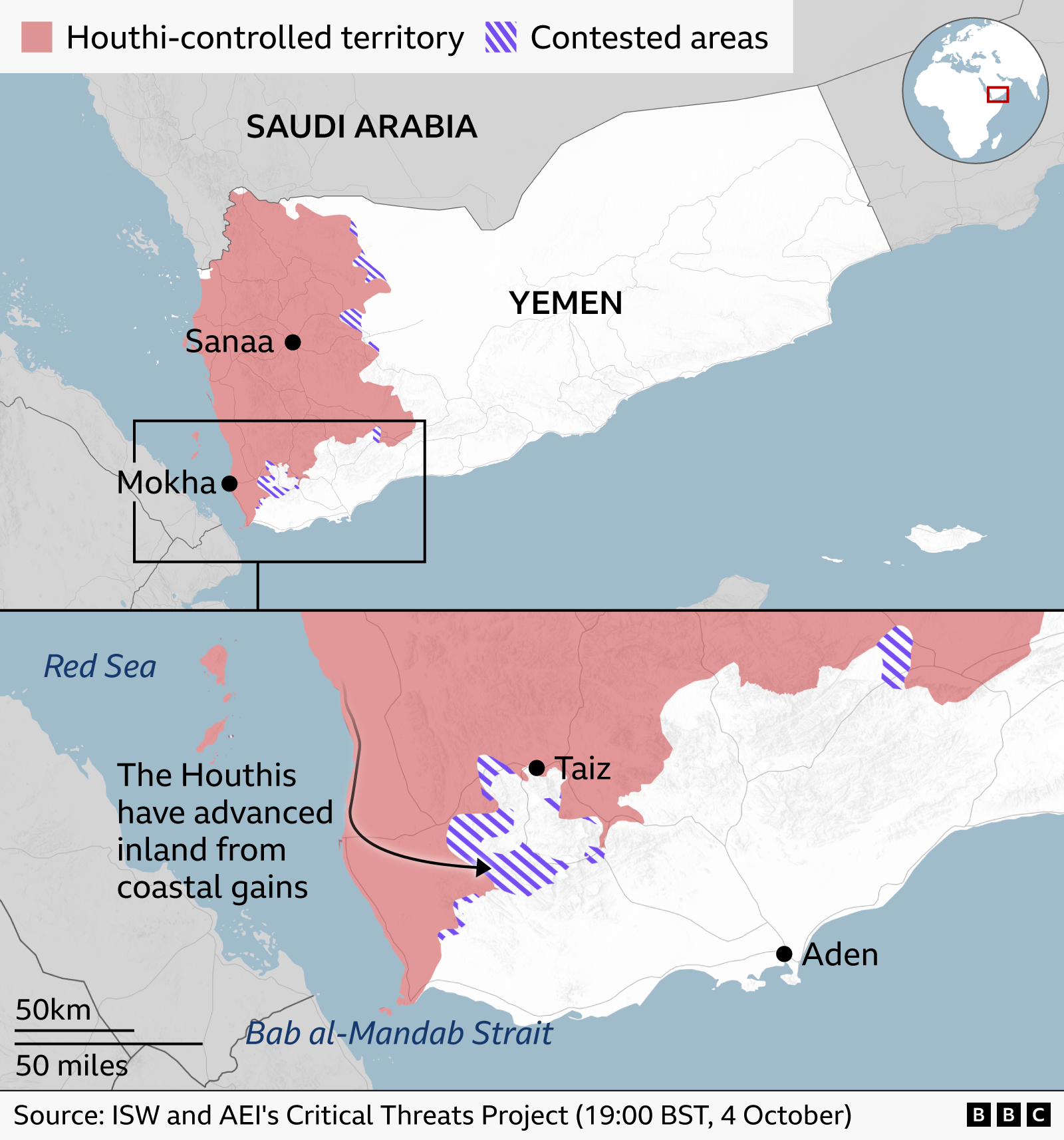 Map showing control of Yemen by the Houthis as of 4 October 2026