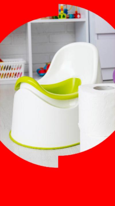 A potty is in the centre of a child's playroom. It is surrounded by toys on a shelf and a pram.