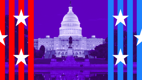 Illustration of the US Capitol with red and blue campaign-style stripes and stars representing the two main political parties.