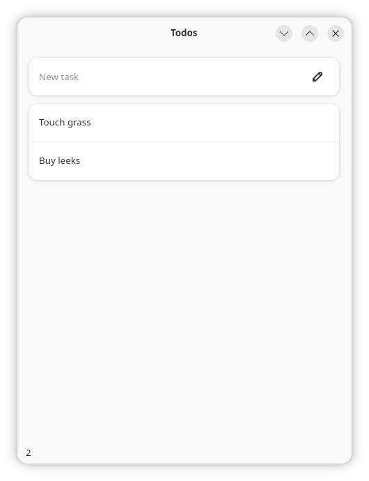 An application window with an input entry, and a list of two items 'Touch grass' and 'Buy leeks'