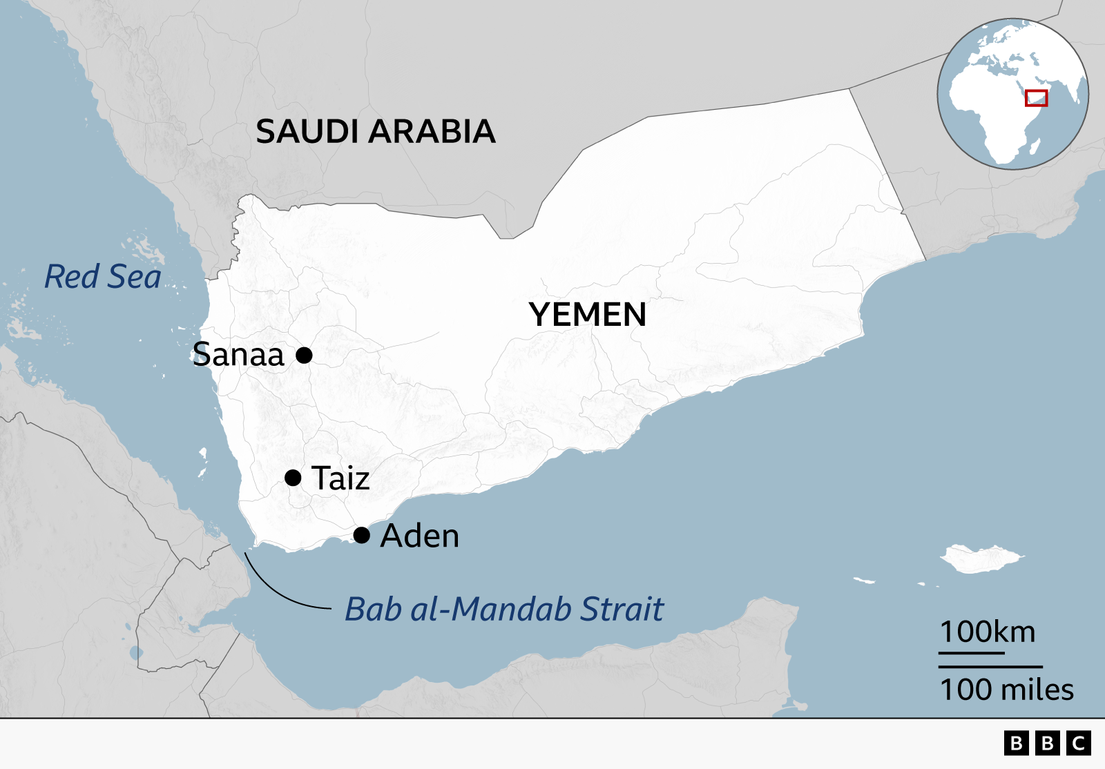 A map of Yemen, showing the position of Sanaa in the west, Taiz in the south-west, and Aden on the south-west coast. The Bab al-Mandab Strait to the south-west tip of Yemen is also marked. The Red Sea is to the west of the country, and Saudi Arabia is to the north of Yemen. 