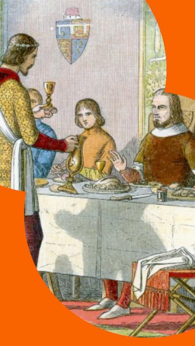 A drawing of a medieval scene of people at a table eating. The people in the image are dressed in bright clothing. There is a man stood in front of a long table of people.