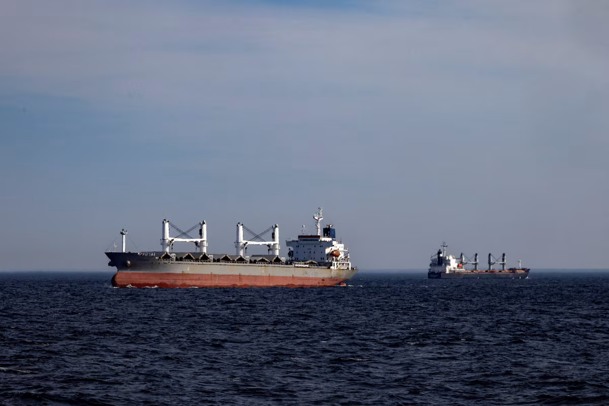 Cargo ships are seen from a patrol boat of Ukraine’s coast guard as they sail in the Black Sea, amid Russia’s attack on Ukraine, February 7, 2024. REUTERS/Thomas Peter