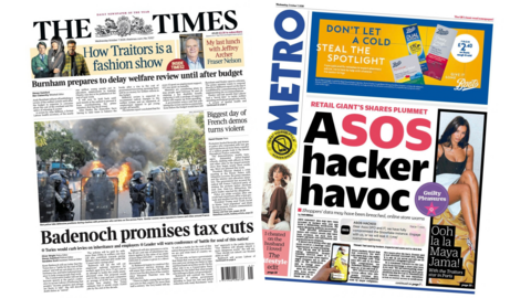 A composite image of the front pages of the Times and the Metro. "Badenoch promises tax cuts" reads the headline of the former and "Asos hacker havoc" reads the headline of the latter.