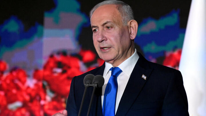 Israeli Prime Minister Benjamin Netanyahu speaks at a ceremony to mark three years since the October 7 attack by Hamas on Monday, October 5, 2026