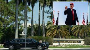 Trump's motorcade entering his Palm Beach Golf Club (AP Photo/Mark Schiefelbein); Donald Trump, Inset raising his fist wearing a red hat with american flags behind him(AP Photo/Julia Demaree Nikhinson)