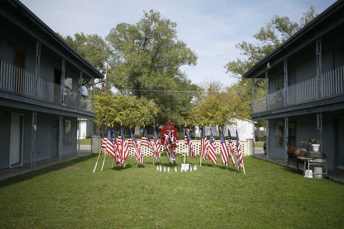 A memorial to the victims of the Fort Hood shooting, pictured in November 2009 outside the apartment complex where Hasan lived.