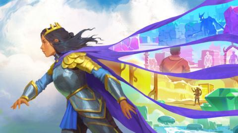 The keyart from Order of the Sinking Star, showing a woman with dark hair standing and looking to the left, wearing a yellow crown and wearing grey and gold armour. Her purple cape flies out behind her showing four strands of the puzzles games in the game, in blue, pink, yellow and green, including a man standing in front of a mirror, a monster, and skipping stones.