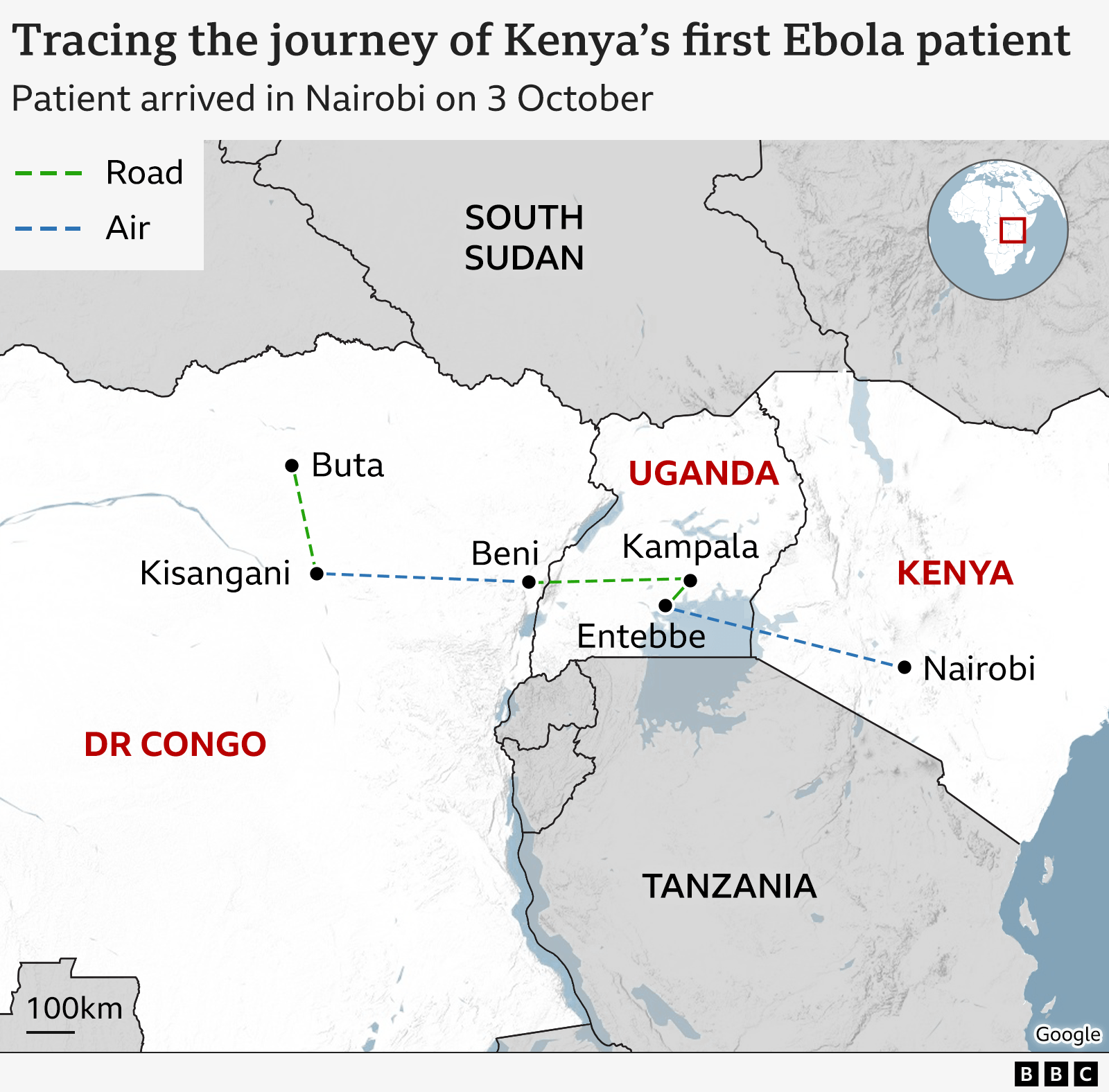 A map showing the journey of Kenya's first Ebola patient