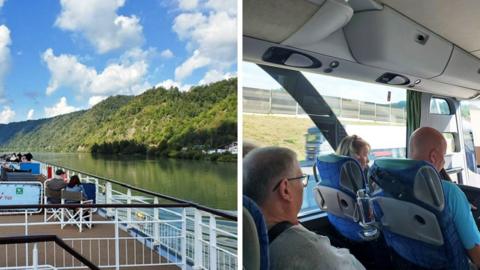 Composite image showing a river cruise on the left and people sitting on a coach on the right