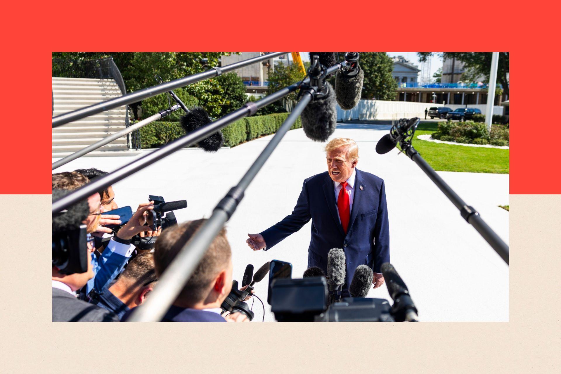 President Trump surrounded by reporters as he departs the White House
