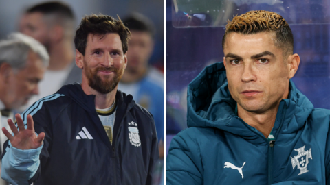 Lionel Messi waves, Cristiano Ronaldo sat in dug out