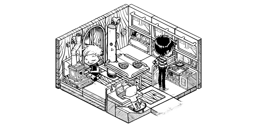 an isometric drawing of the interior of a sailboat. Rek is stoking a woodstove, Little Ninj is updating his website at the nav table and Devine is cooking something tasty in the galley