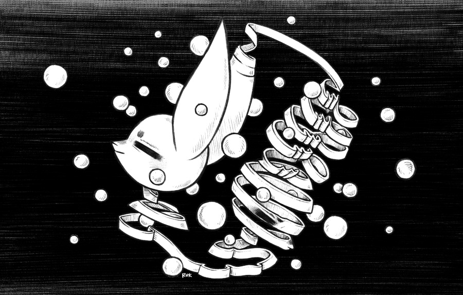 a tribute to MC Eschers piece Bond of Union. Two rabbits, both are in different states of unravel, one more advanced than the other, white spheres are afloat around the 2 rabbits.