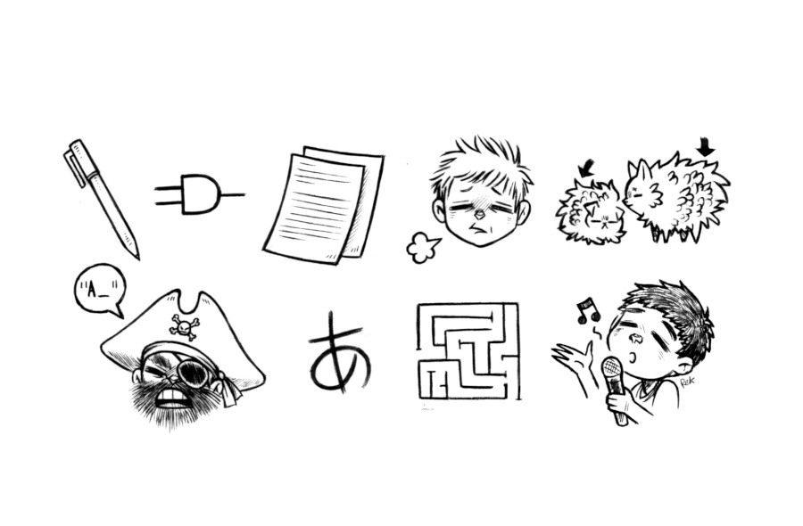 a collection of drawings that are spelling out a phrase. The first drawing is of a pen, then an END gate, paper, a person sighing, 2 very fluffy animals with arrows pointing at their fur, a pirate with a speech bubble with the word A_(a letter is missing), the hiragana A, a maze, and someone singing.