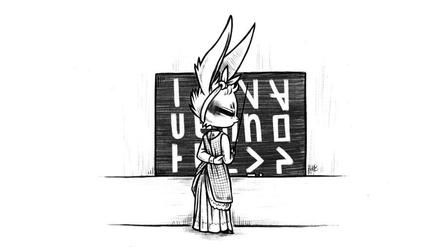 a rabbit in a dress standing in front of a black board covered with Uxntal glyphs. An hommage to the painting Blackboard by Winslow Homer(1877)