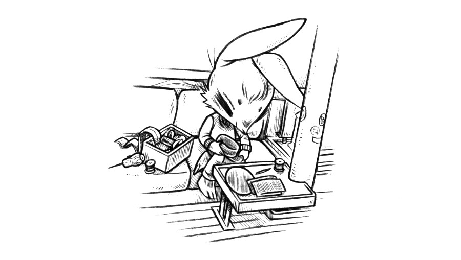a rabbit is sitting inside a sailboat sewing a cap together