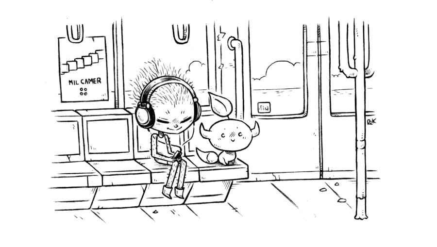 cactus girl is sitting on a train listening to music, Yufo is sitting beside her. A poster of Mil Camer is on the wall.
