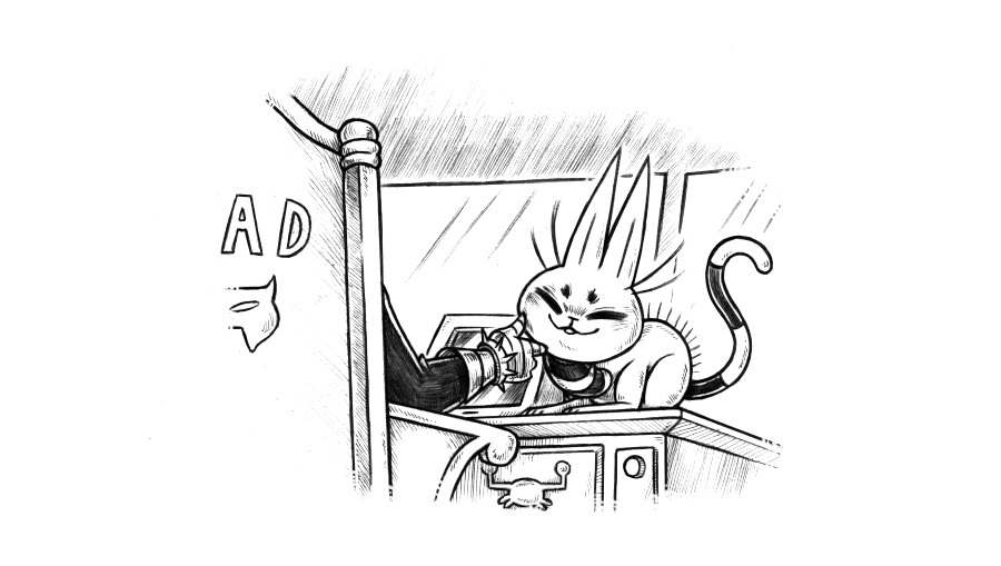 the familiar from the game Donsol is sitting on Doctor Claws desk where Mad Cat should be, looking content while being petted by the armored hand of the Inspector Gadget villain