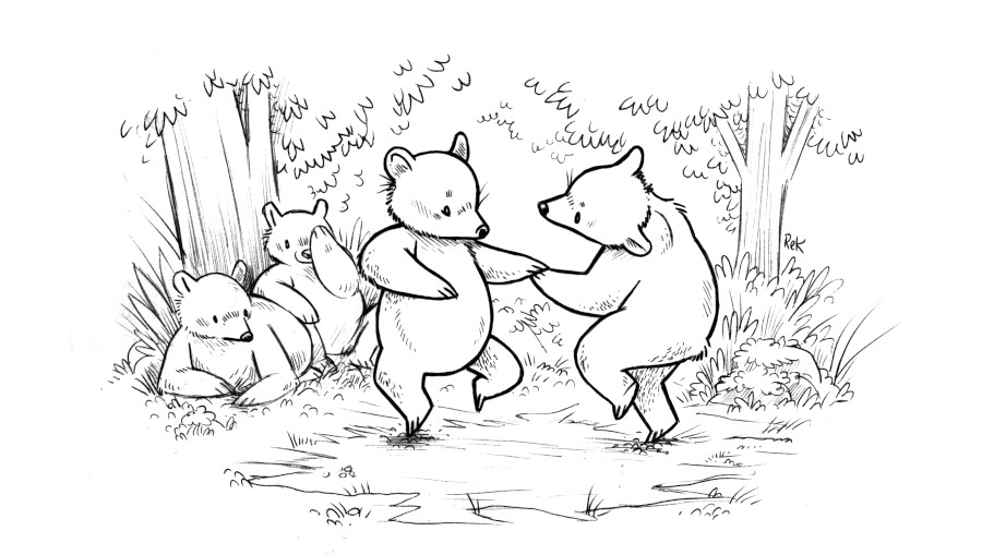 a hand drawn ink illustration of 2 bears dancing together, with others watching in the background, an hommage to William Holbrook Beard's Dancing Bears, painted in 1865