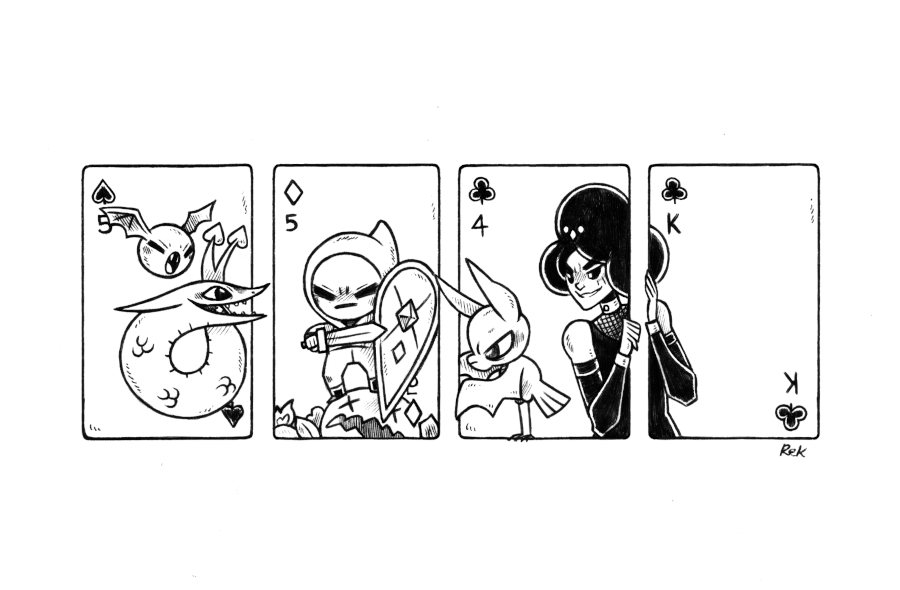 characters from the Donsol game all standing inside their own cards, all of the monsters are looking at the hero character with a shield and sword who has just slain an elemental