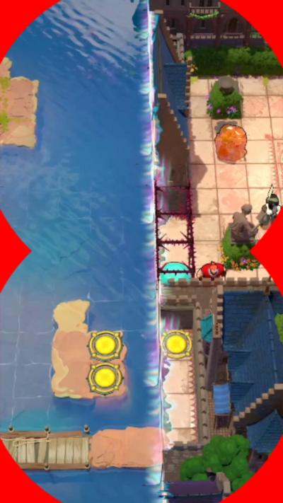 Brightly coloured game with water and lily pads.