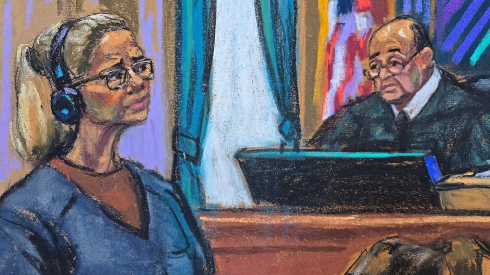 In a colourful court graphic, Cilia Flores stands in prison garb, wearing glasses and a ponytail, as Judge Alvin Hellerstein presides during an appearance in Manhattan federal court in New York,