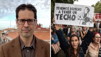 Right, a woman holds up a protest sign. Left, a man with glasses and a brown suit.