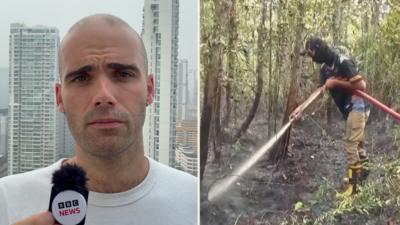 Splitscreen of man holding a microphone (L) and a man hosing a fire (R)
