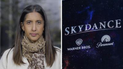 Split screen. Left, Samira Hussain. Right, Skydance with Warner Bros and Paramount in the bottom.