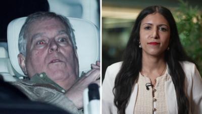 Split image with Andrew Mountbatten-Windsor on the left and Noor Nanji on the right