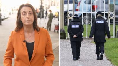 A splitscreen image. On the left, Lucy Manning. On the right, two police officers with their backs turned to the camera
