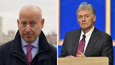 Split image showing Rosenberg outside in Moscow looking into the camera and Peskov during conference